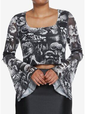 Social Collision Cropped Top XL Sleepy Hollow Halloween Bell Sleeve Gothic Mesh